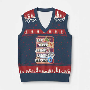 Eat Sleep Anime Gaming Repeat V-Neck Knit Sweater Vest Kawaii Otaku Manga Ramen Lover TS02 Navy Red Print Your Wear