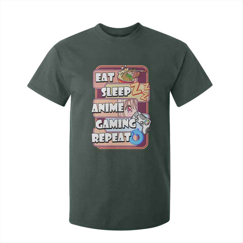 Eat Sleep Anime Gaming Repeat T Shirt For Kid Kawaii Otaku Manga Ramen Lover TS02 Dark Forest Green Print Your Wear