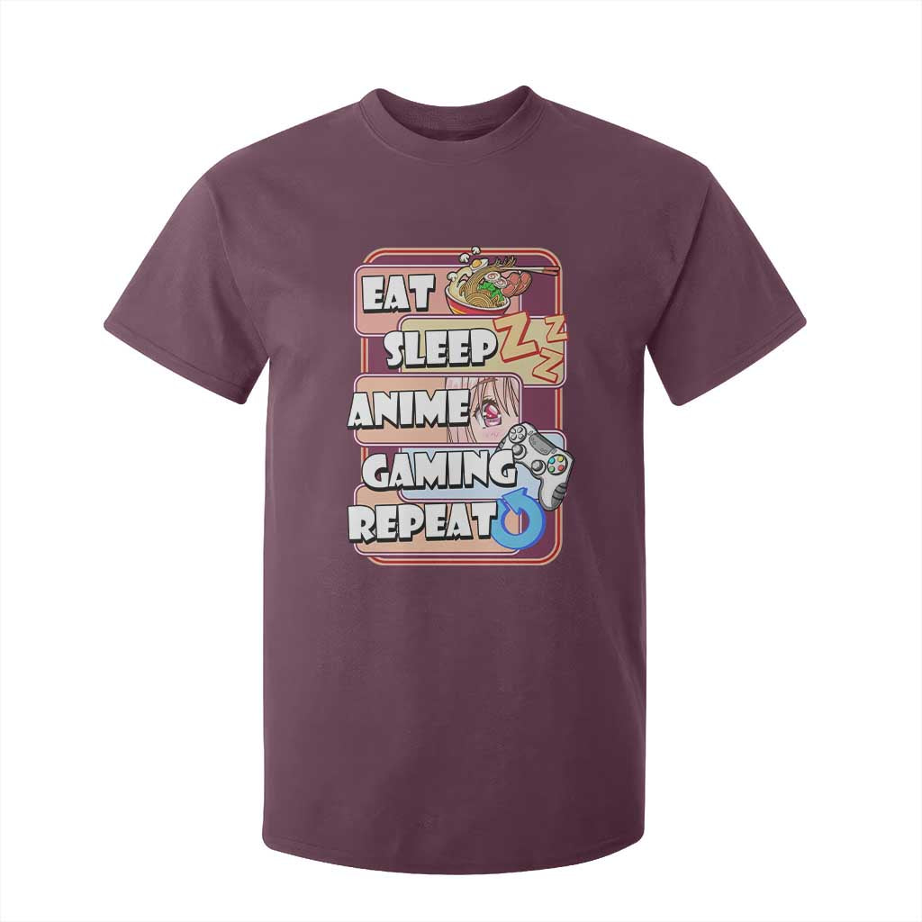 Eat Sleep Anime Gaming Repeat T Shirt For Kid Kawaii Otaku Manga Ramen Lover TS02 Maroon Print Your Wear