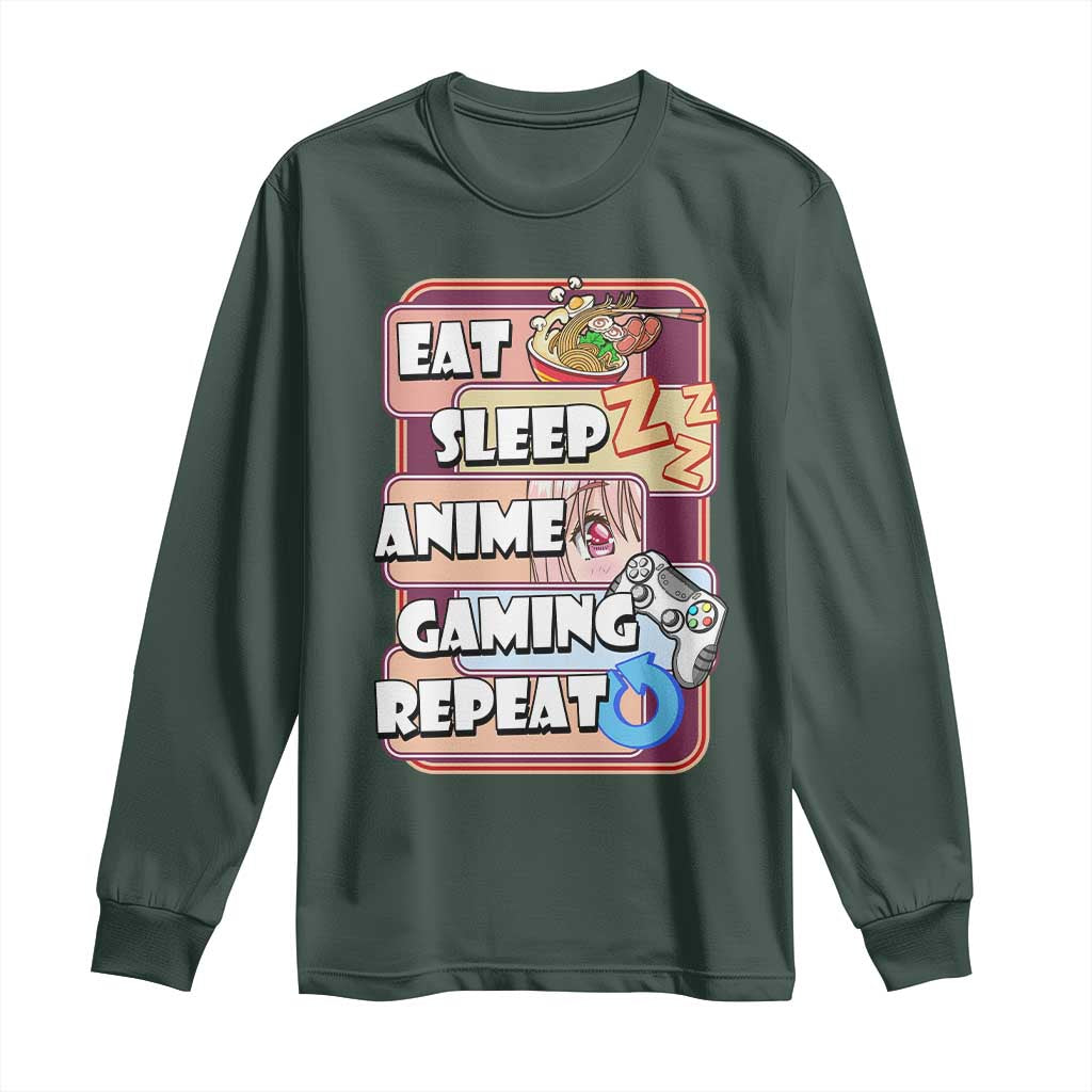 Eat Sleep Anime Gaming Repeat Long Sleeve Shirt Kawaii Otaku Manga Ramen Lover TS02 Dark Forest Green Print Your Wear