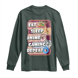 Eat Sleep Anime Gaming Repeat Long Sleeve Shirt Kawaii Otaku Manga Ramen Lover TS02 Dark Forest Green Print Your Wear