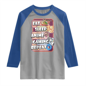 Eat Sleep Anime Gaming Repeat Raglan Shirt Kawaii Otaku Manga Ramen Lover TS02 Sport Gray Royal Print Your Wear