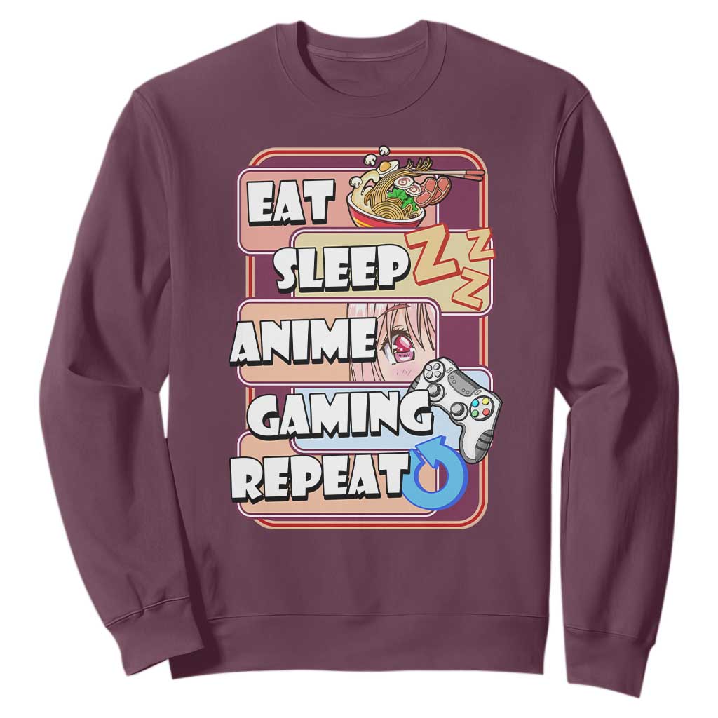 Eat Sleep Anime Gaming Repeat Sweatshirt Kawaii Otaku Manga Ramen Lover TS02 Maroon Print Your Wear