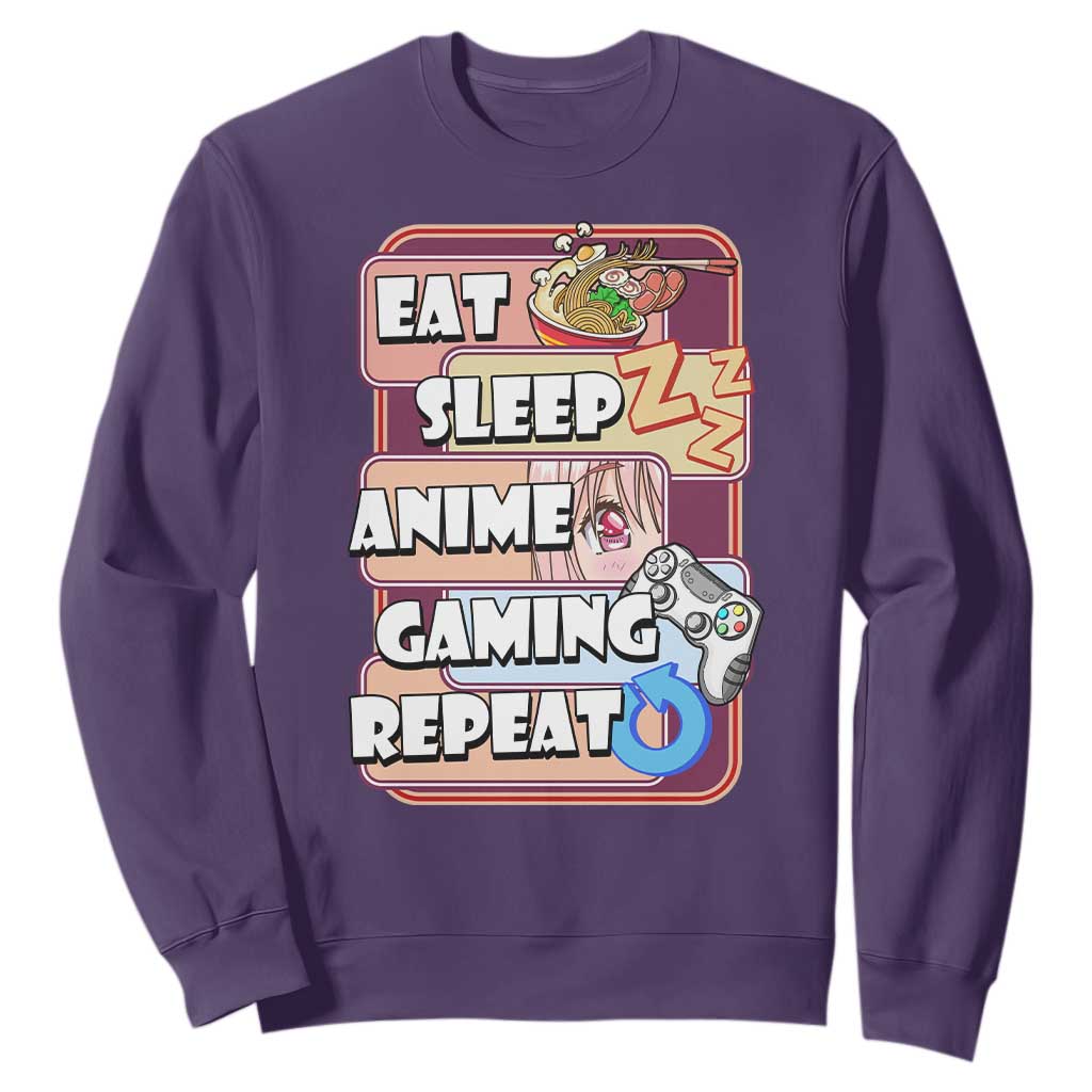 Eat Sleep Anime Gaming Repeat Sweatshirt Kawaii Otaku Manga Ramen Lover TS02 Purple Print Your Wear