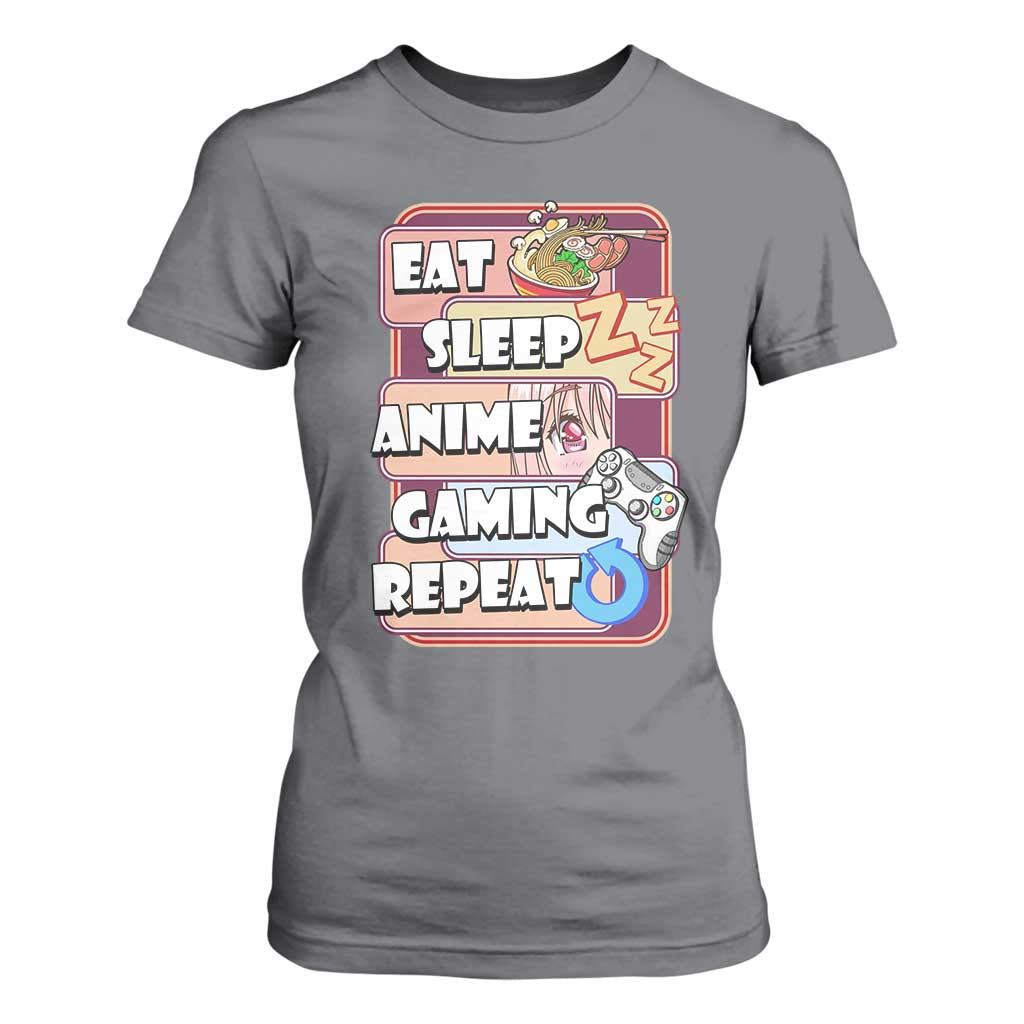 Eat Sleep Anime Gaming Repeat T Shirt For Women Kawaii Otaku Manga Ramen Lover TS02 Charcoal Print Your Wear