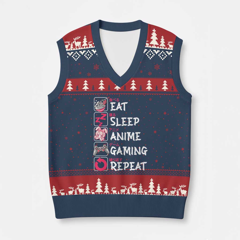 Eat Sleep Anime Gaming Repeat V-Neck Knit Sweater Vest Otaku Gamer Manga Lover Japanese Pop Culture TS02 Navy Red Print Your Wear