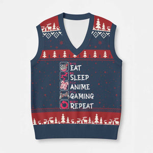 Eat Sleep Anime Gaming Repeat V-Neck Knit Sweater Vest Otaku Gamer Manga Lover Japanese Pop Culture TS02 Navy Red Print Your Wear