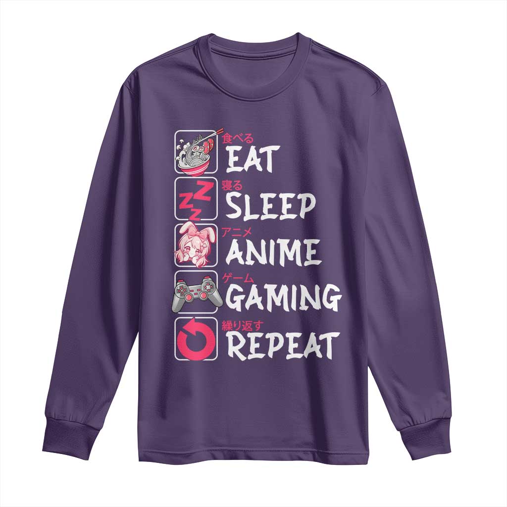 Eat Sleep Anime Gaming Repeat Long Sleeve Shirt Otaku Gamer Manga Lover Japanese Pop Culture TS02 Purple Print Your Wear