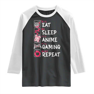 Eat Sleep Anime Gaming Repeat Raglan Shirt Otaku Gamer Manga Lover Japanese Pop Culture TS02 Black White Print Your Wear