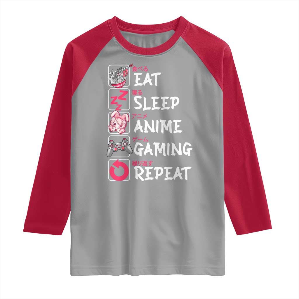 Eat Sleep Anime Gaming Repeat Raglan Shirt Otaku Gamer Manga Lover Japanese Pop Culture TS02 Sport Gray Red Print Your Wear