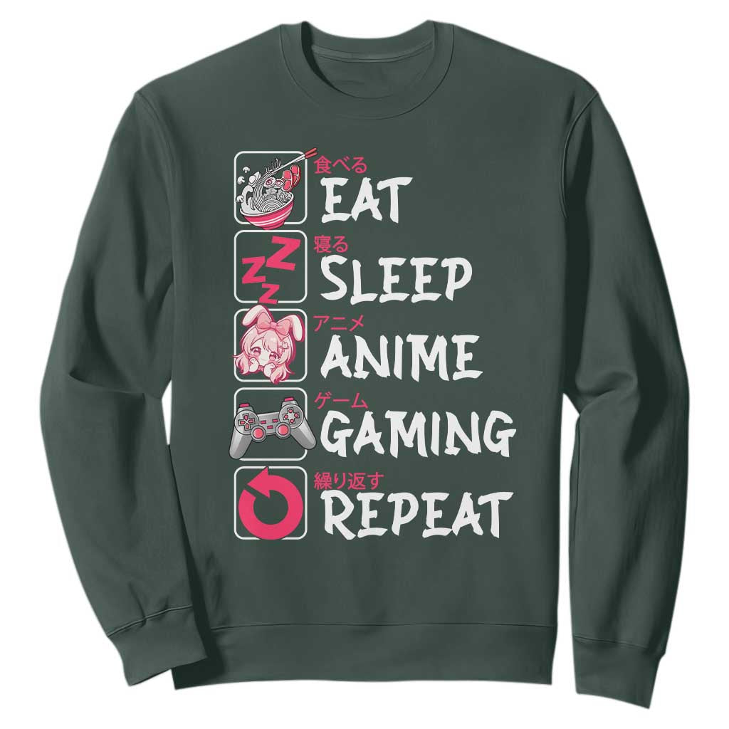 Eat Sleep Anime Gaming Repeat Sweatshirt Otaku Gamer Manga Lover Japanese Pop Culture TS02 Dark Forest Green Print Your Wear