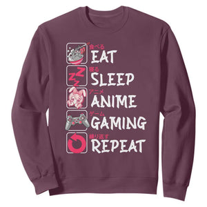Eat Sleep Anime Gaming Repeat Sweatshirt Otaku Gamer Manga Lover Japanese Pop Culture TS02 Maroon Print Your Wear