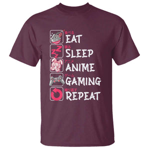 Eat Sleep Anime Gaming Repeat T Shirt Otaku Gamer Manga Lover Japanese Pop Culture TS02 Maroon Print Your Wear