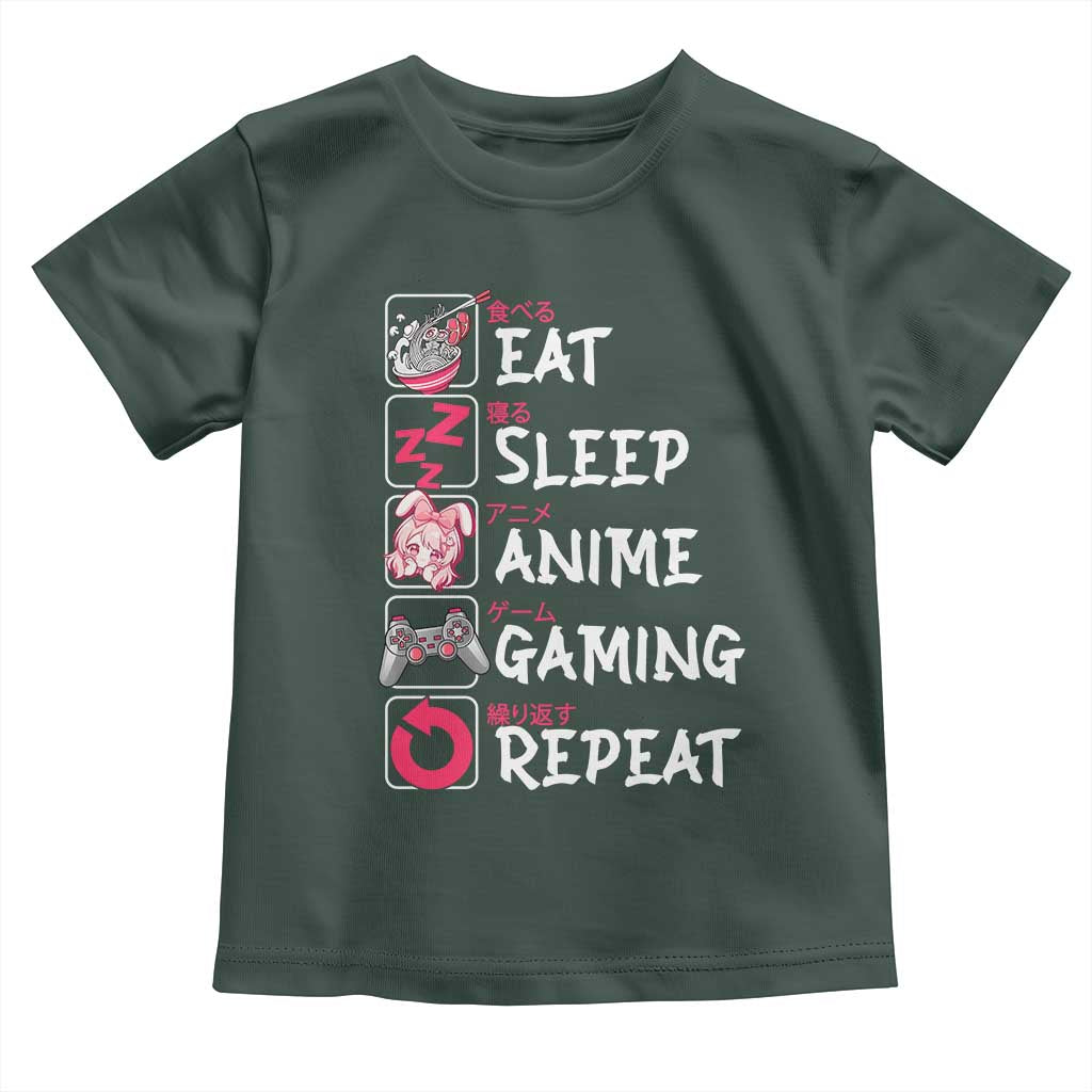 Eat Sleep Anime Gaming Repeat Toddler T Shirt Otaku Gamer Manga Lover Japanese Pop Culture TS02 Dark Forest Green Print Your Wear