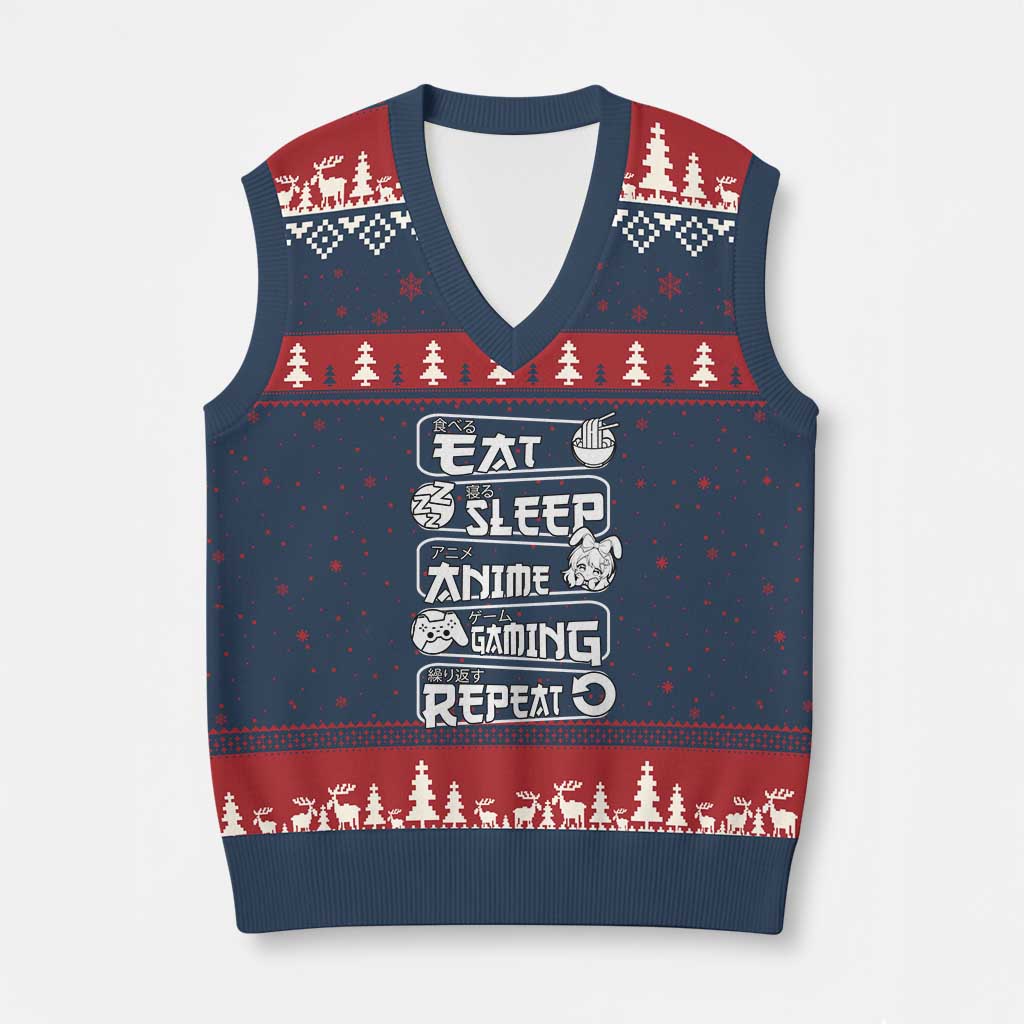 Eat Sleep Anime Gaming Repeat V-Neck Knit Sweater Vest Otaku Gamer Manga Lover TS02 Navy Red Print Your Wear