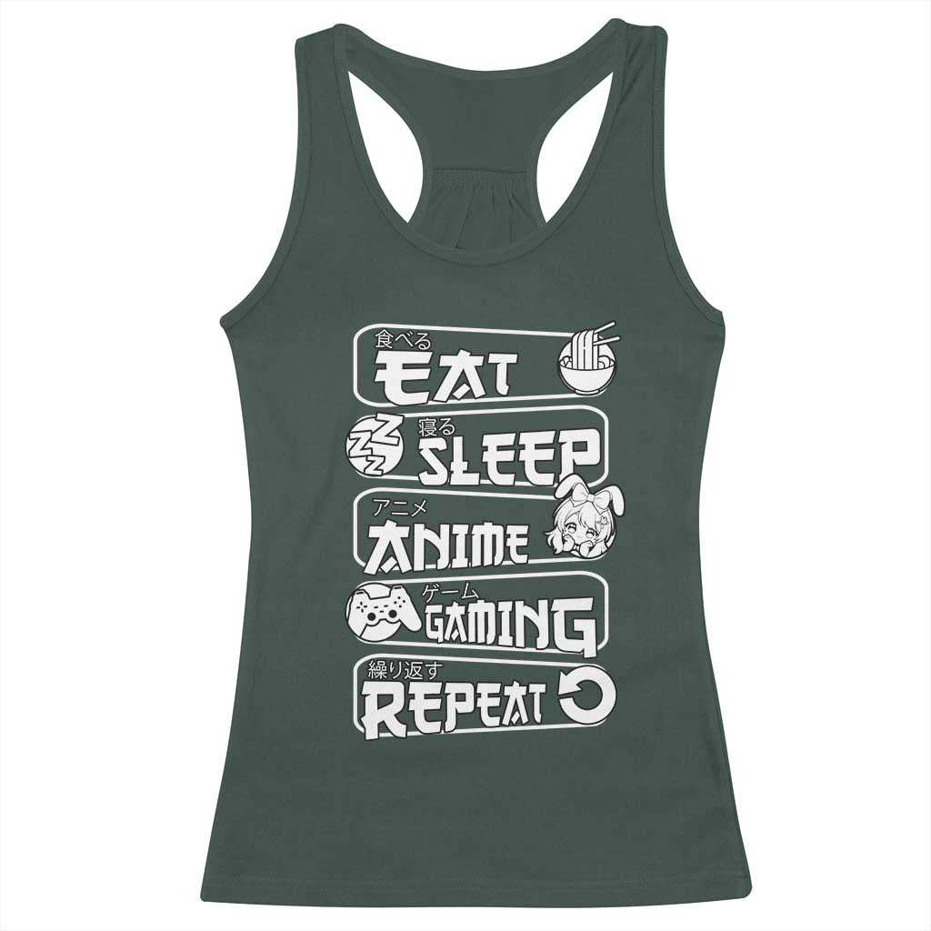 Eat Sleep Anime Gaming Repeat Racerback Tank Top Otaku Gamer Manga Lover TS02 Dark Forest Green Print Your Wear