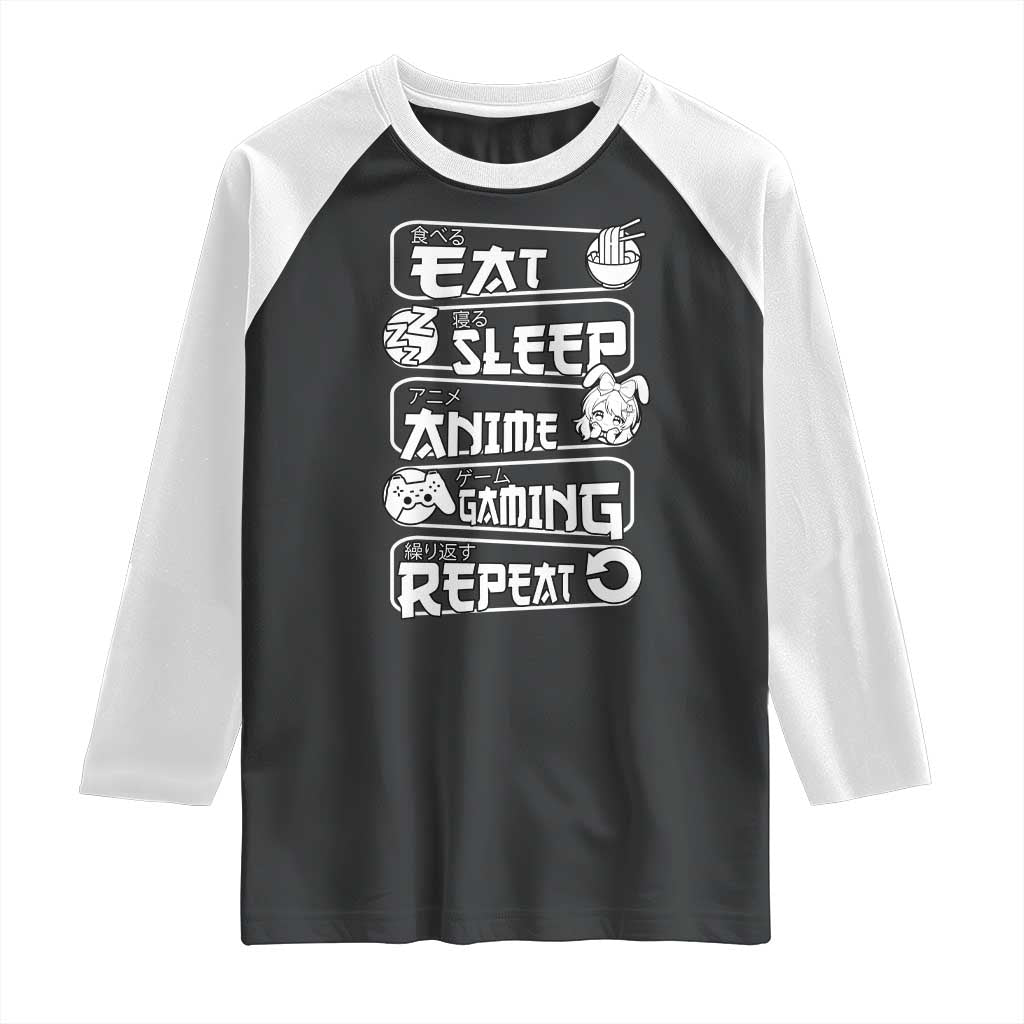 Eat Sleep Anime Gaming Repeat Raglan Shirt Otaku Gamer Manga Lover TS02 Black White Print Your Wear