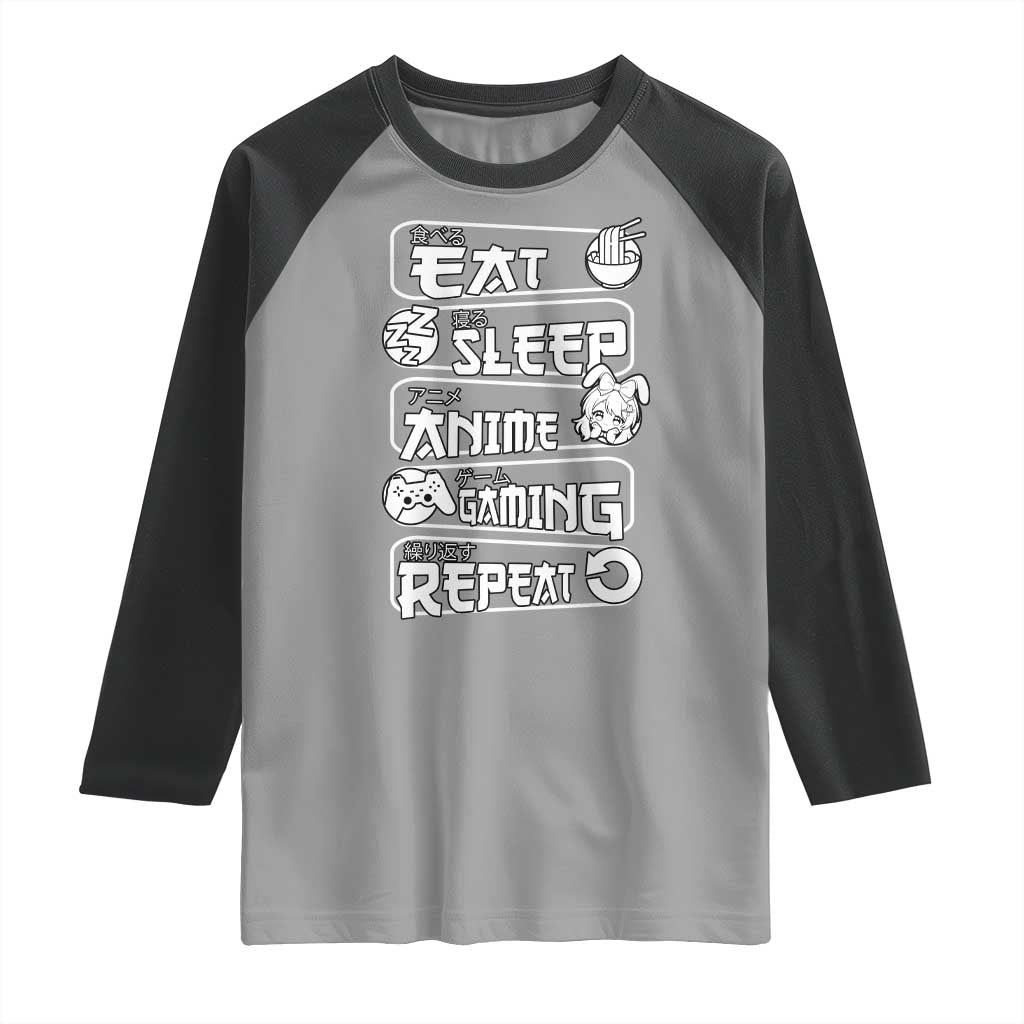 Eat Sleep Anime Gaming Repeat Raglan Shirt Otaku Gamer Manga Lover TS02 Sport Gray Black Print Your Wear