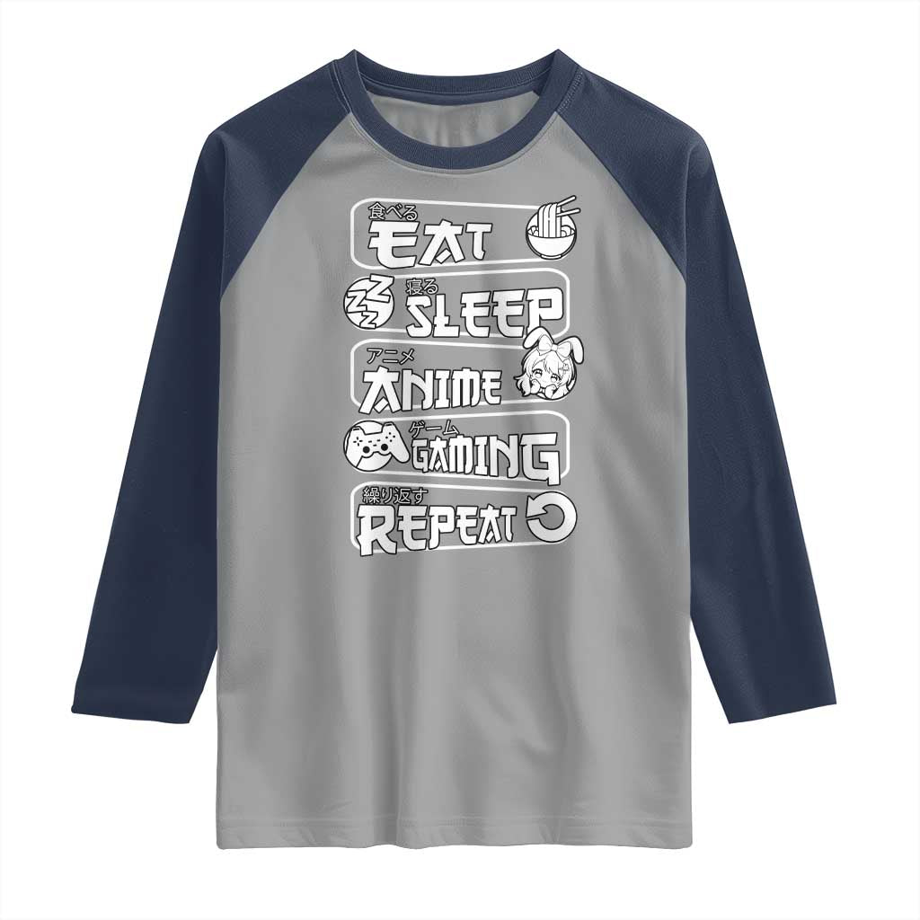 Eat Sleep Anime Gaming Repeat Raglan Shirt Otaku Gamer Manga Lover TS02 Sport Gray Navy Print Your Wear