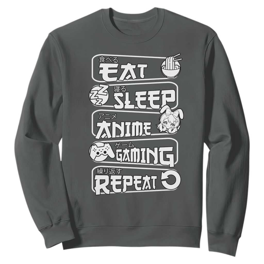 Eat Sleep Anime Gaming Repeat Sweatshirt Otaku Gamer Manga Lover TS02 Dark Heather Print Your Wear