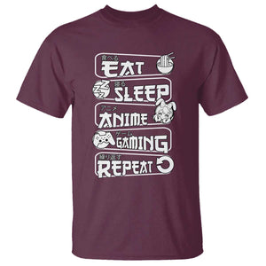 Eat Sleep Anime Gaming Repeat T Shirt Otaku Gamer Manga Lover TS02 Maroon Print Your Wear
