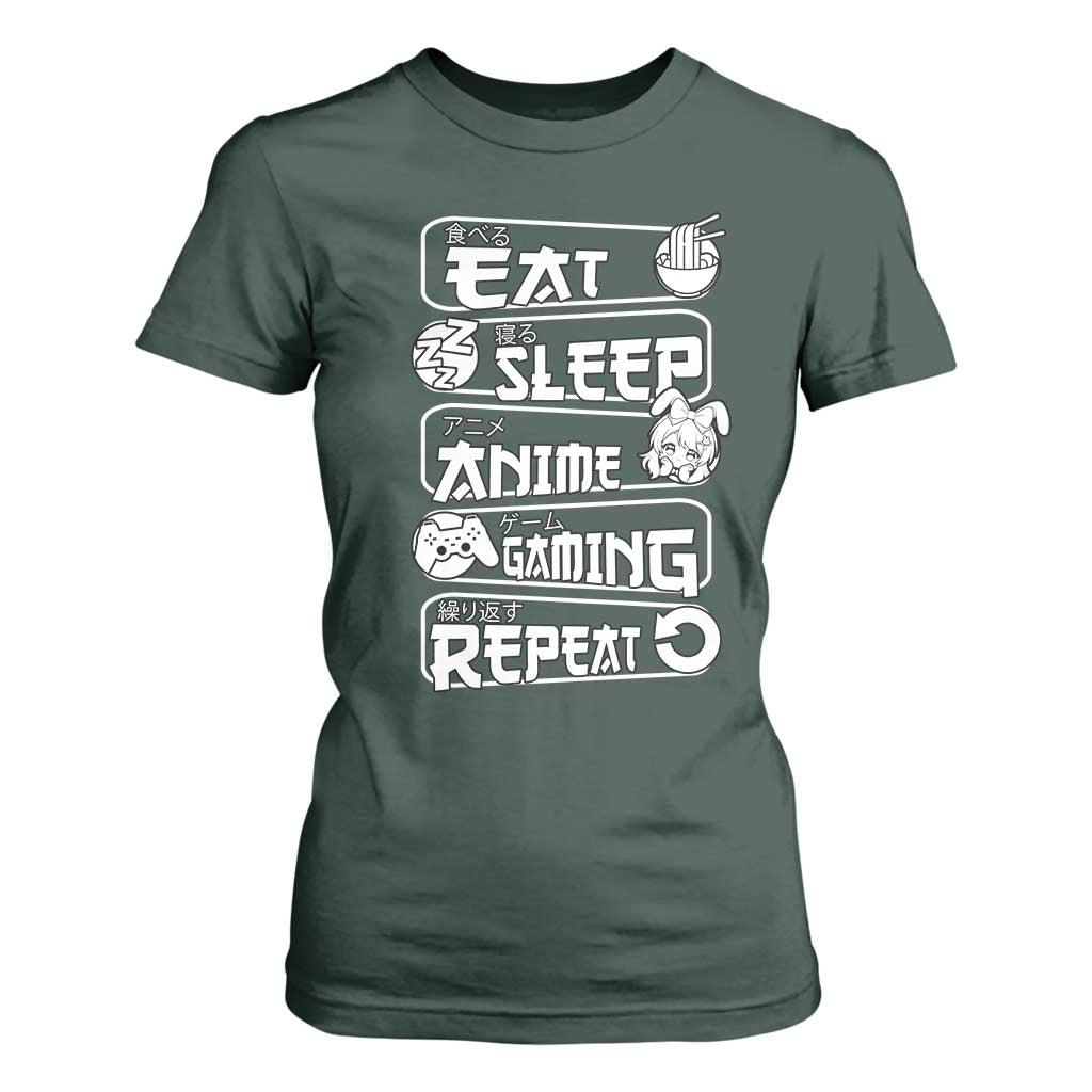 Eat Sleep Anime Gaming Repeat T Shirt For Women Otaku Gamer Manga Lover TS02 Dark Forest Green Print Your Wear