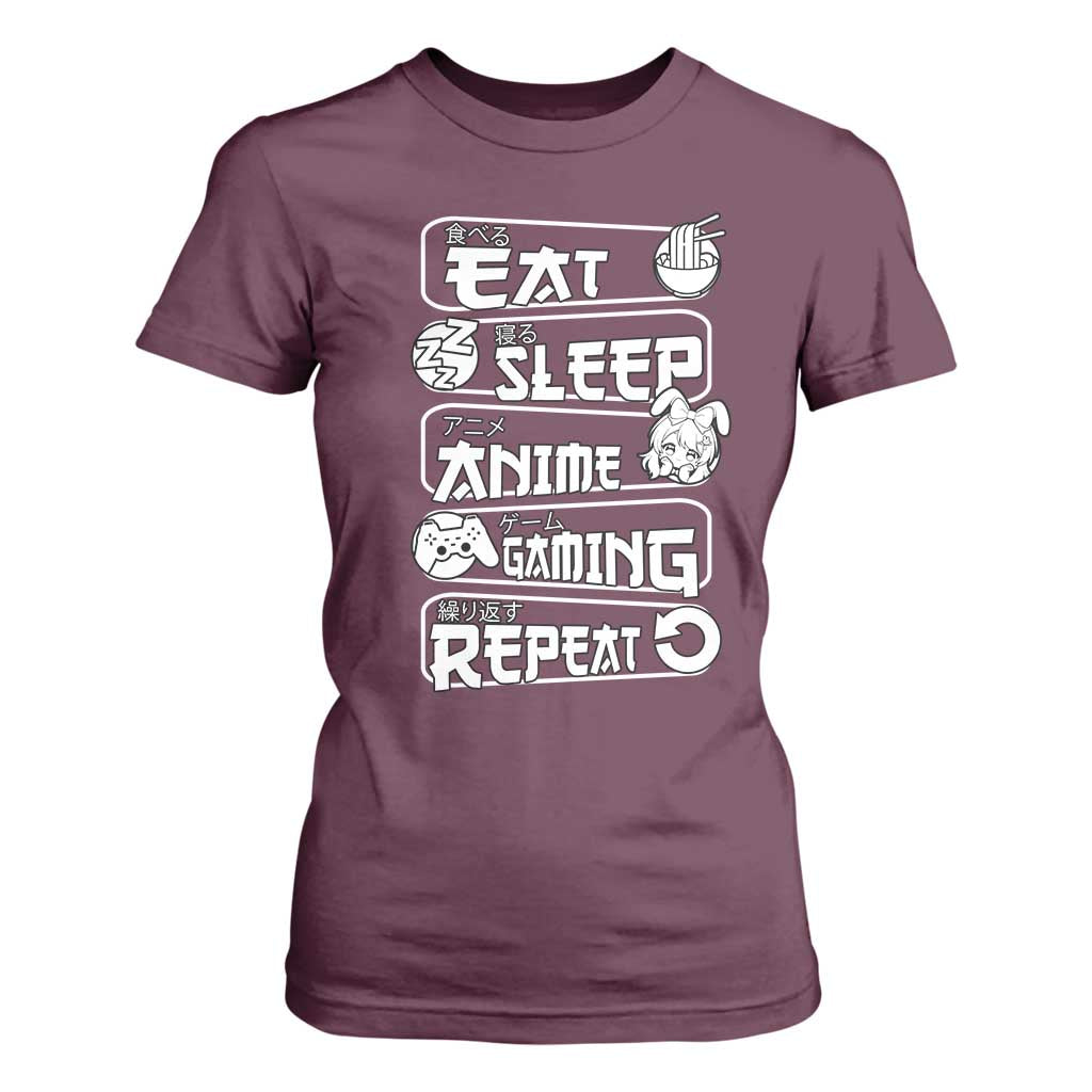 Eat Sleep Anime Gaming Repeat T Shirt For Women Otaku Gamer Manga Lover TS02 Maroon Print Your Wear