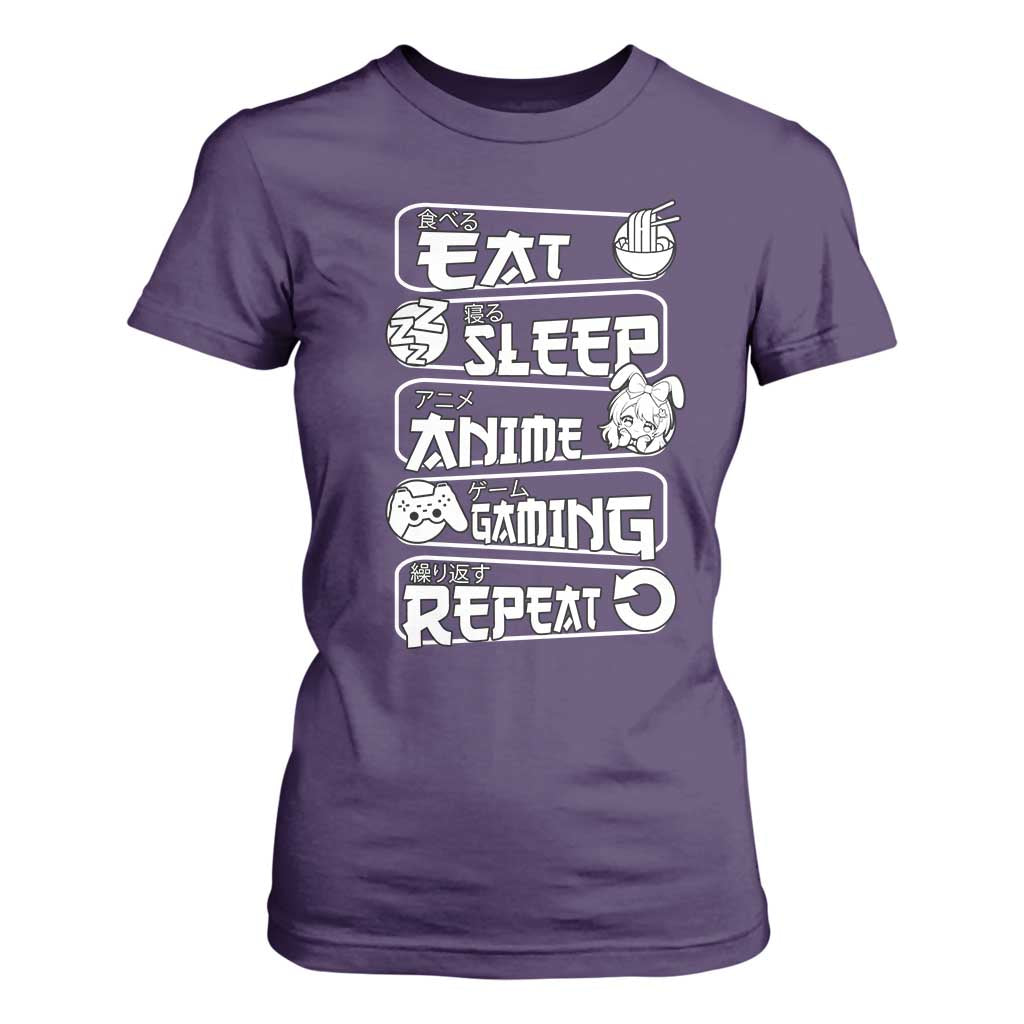 Eat Sleep Anime Gaming Repeat T Shirt For Women Otaku Gamer Manga Lover TS02 Purple Print Your Wear