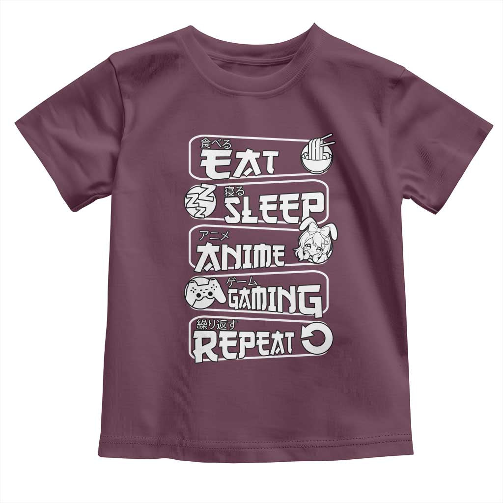 Eat Sleep Anime Gaming Repeat Toddler T Shirt Otaku Gamer Manga Lover TS02 Maroon Print Your Wear