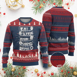 Eat Sleep Anime Gaming Repeat Ugly Christmas Sweater Otaku Gamer Manga Lover TS02 Burgundy Print Your Wear