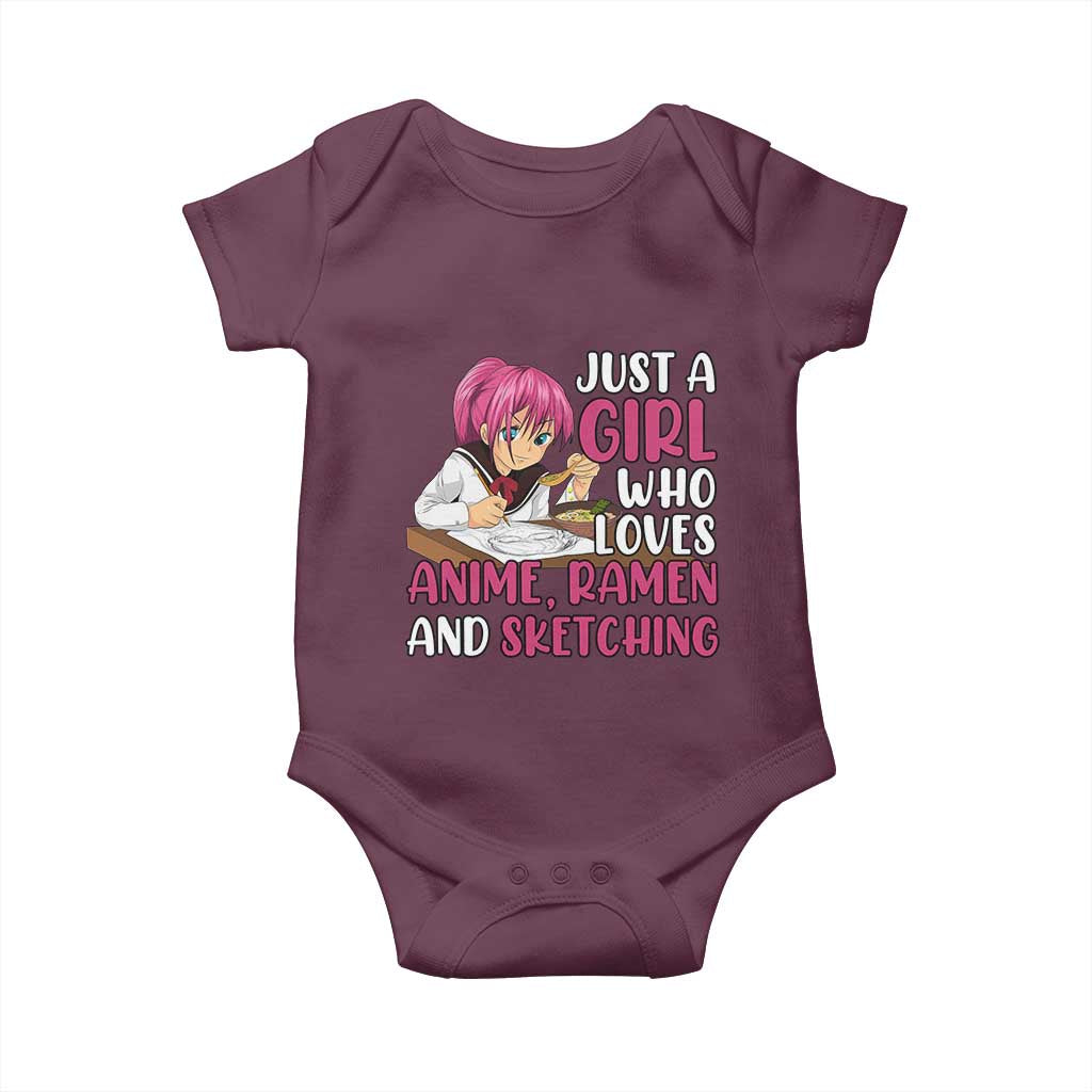 Just A Girl Who Loves Anime Ramen And Sketching Baby Onesie Japan Kawaii Otaku Manga Lover TS02 Maroon Print Your Wear