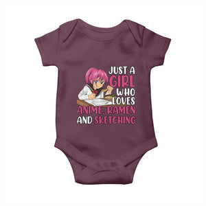 Just A Girl Who Loves Anime Ramen And Sketching Baby Onesie Japan Kawaii Otaku Manga Lover TS02 Maroon Print Your Wear