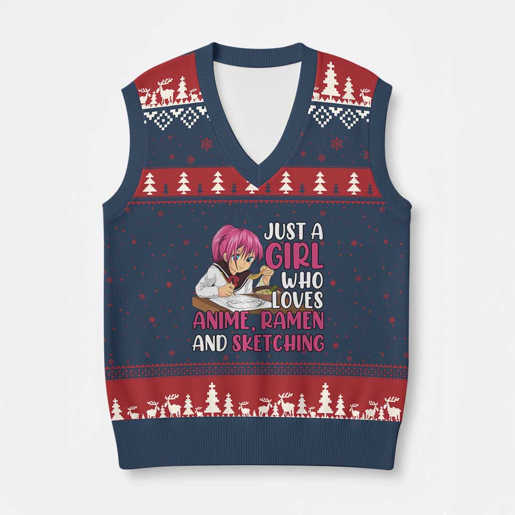 Just A Girl Who Loves Anime Ramen And Sketching V-Neck Knit Sweater Vest Japan Kawaii Otaku Manga Lover TS02 Navy Red Print Your Wear