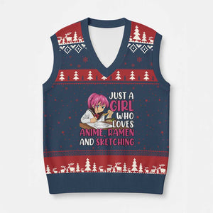 Just A Girl Who Loves Anime Ramen And Sketching V-Neck Knit Sweater Vest Japan Kawaii Otaku Manga Lover TS02 Navy Red Print Your Wear