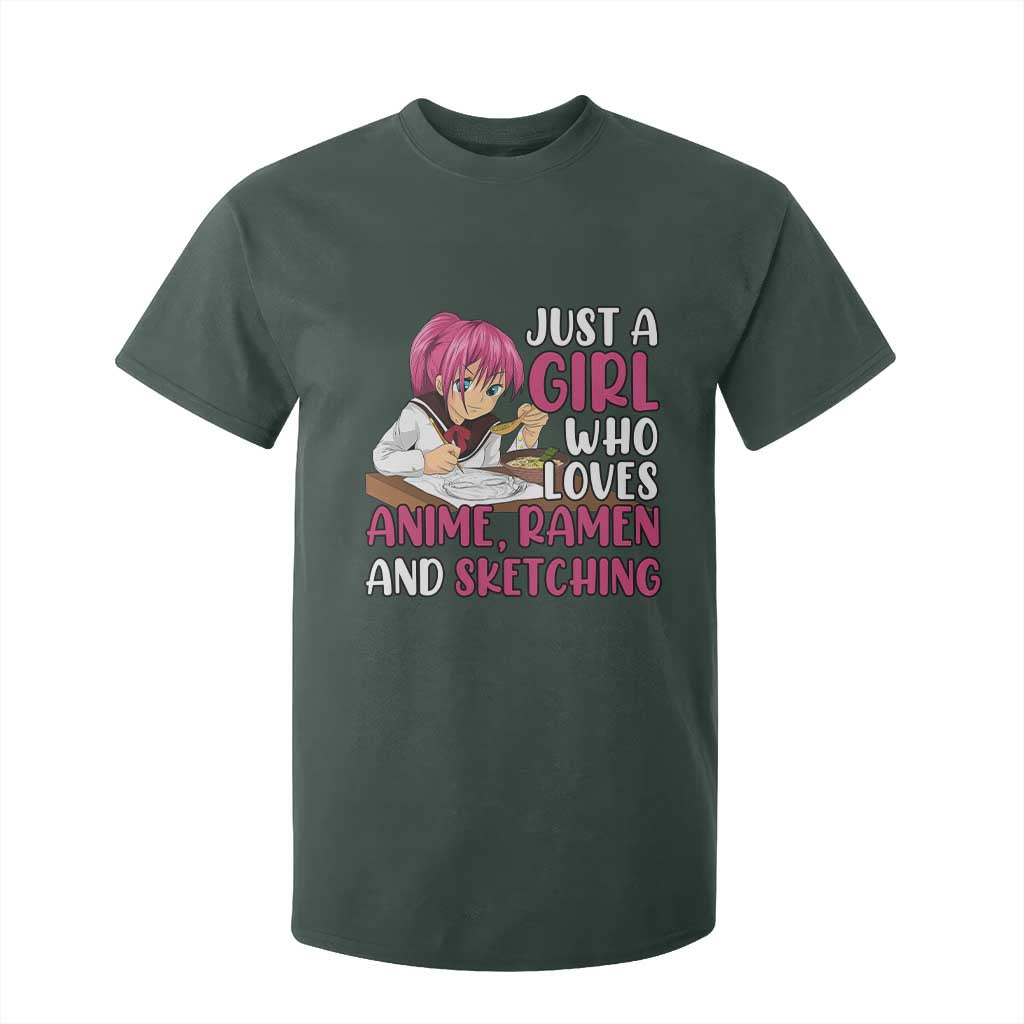 Just A Girl Who Loves Anime Ramen And Sketching T Shirt For Kid Japan Kawaii Otaku Manga Lover TS02 Dark Forest Green Print Your Wear