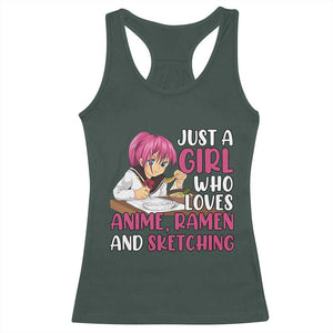 Just A Girl Who Loves Anime Ramen And Sketching Racerback Tank Top Japan Kawaii Otaku Manga Lover TS02 Dark Forest Green Print Your Wear
