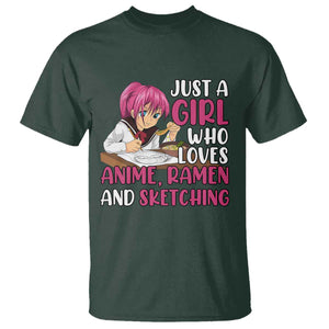 Just A Girl Who Loves Anime Ramen And Sketching T Shirt Japan Kawaii Otaku Manga Lover TS02 Dark Forest Green Print Your Wear