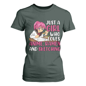 Just A Girl Who Loves Anime Ramen And Sketching T Shirt For Women Japan Kawaii Otaku Manga Lover TS02 Dark Forest Green Print Your Wear