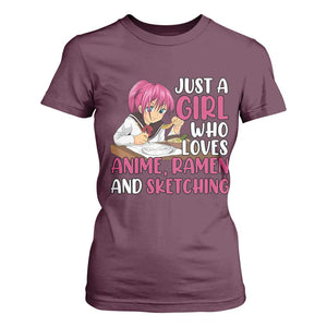Just A Girl Who Loves Anime Ramen And Sketching T Shirt For Women Japan Kawaii Otaku Manga Lover TS02 Maroon Print Your Wear