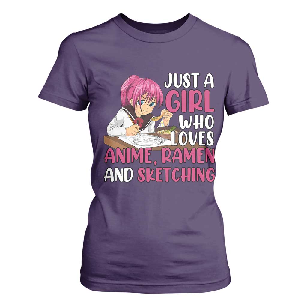 Just A Girl Who Loves Anime Ramen And Sketching T Shirt For Women Japan Kawaii Otaku Manga Lover TS02 Purple Print Your Wear
