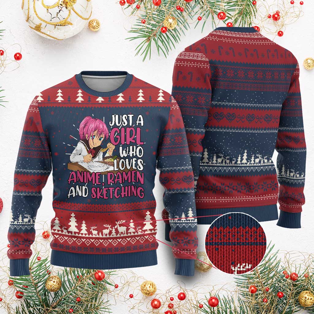 Just A Girl Who Loves Anime Ramen And Sketching Ugly Christmas Sweater Japan Kawaii Otaku Manga Lover TS02 Burgundy Print Your Wear