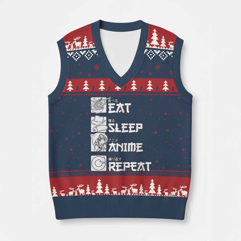 Eat Sleep Anime Repeat V-Neck Knit Sweater Vest Japan Otaku Manga Lover TS02 Navy Red Print Your Wear
