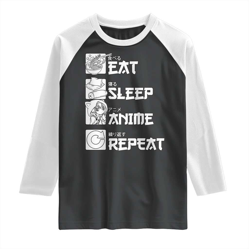 Eat Sleep Anime Repeat Raglan Shirt Japan Otaku Manga Lover TS02 Black White Print Your Wear