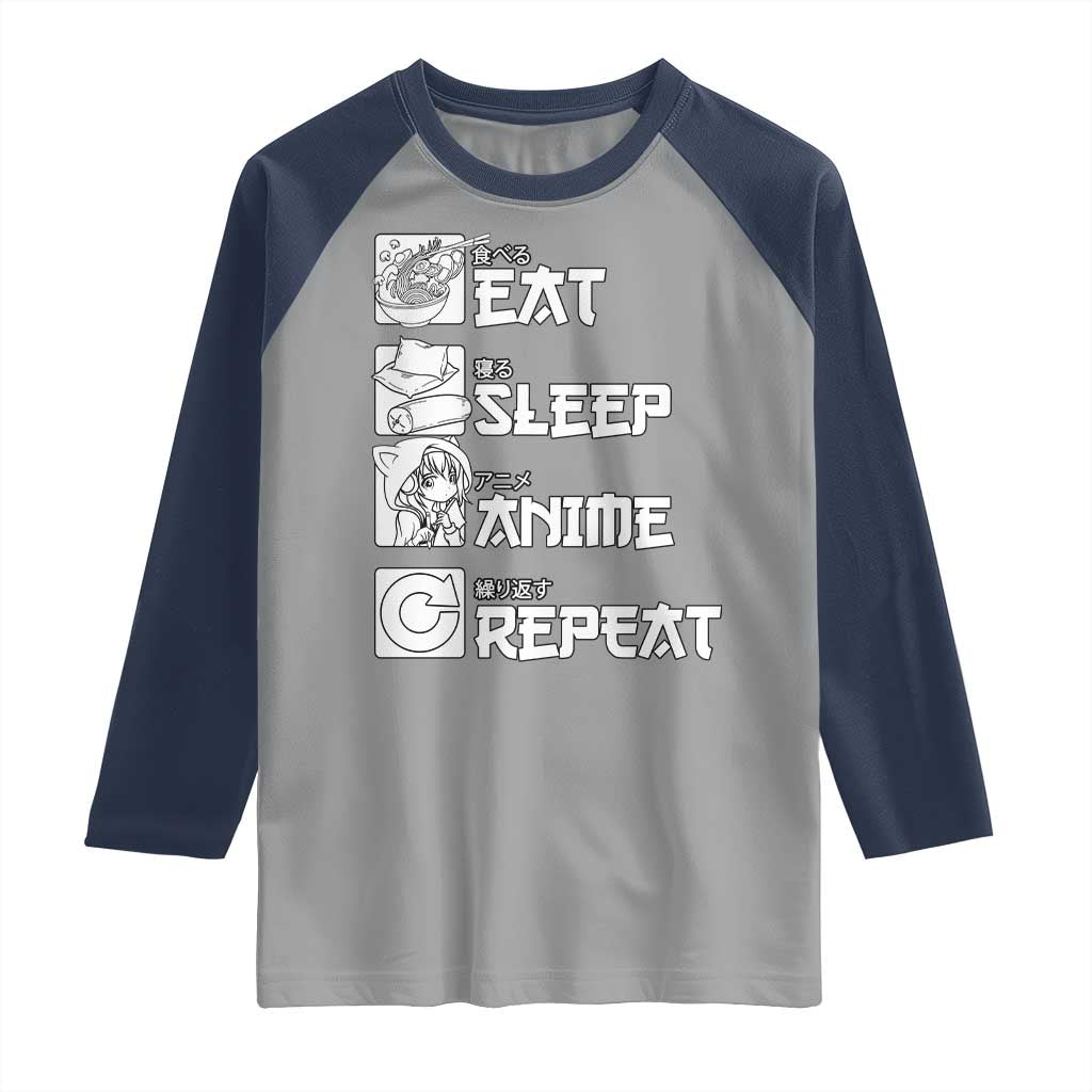 Eat Sleep Anime Repeat Raglan Shirt Japan Otaku Manga Lover TS02 Sport Gray Navy Print Your Wear