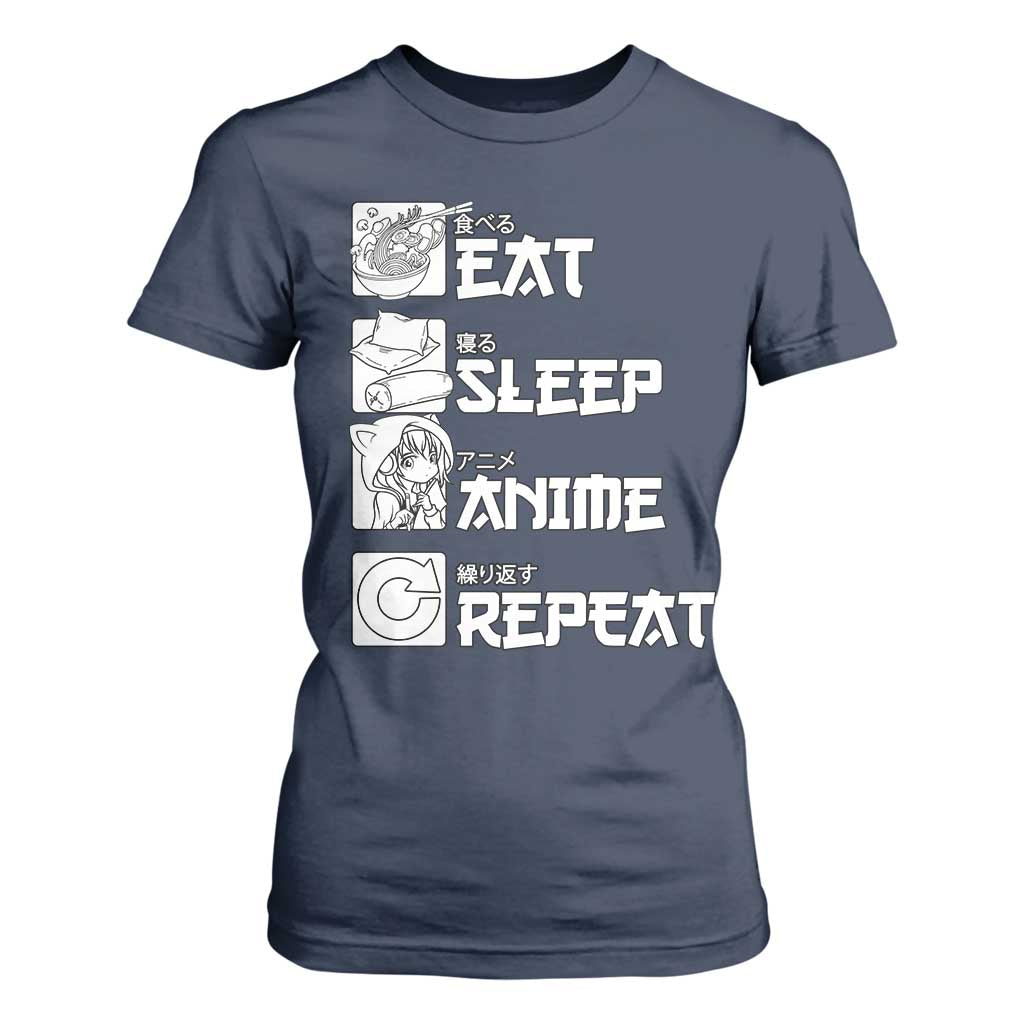 Eat Sleep Anime Repeat T Shirt For Women Japan Otaku Manga Lover TS02 Navy Print Your Wear