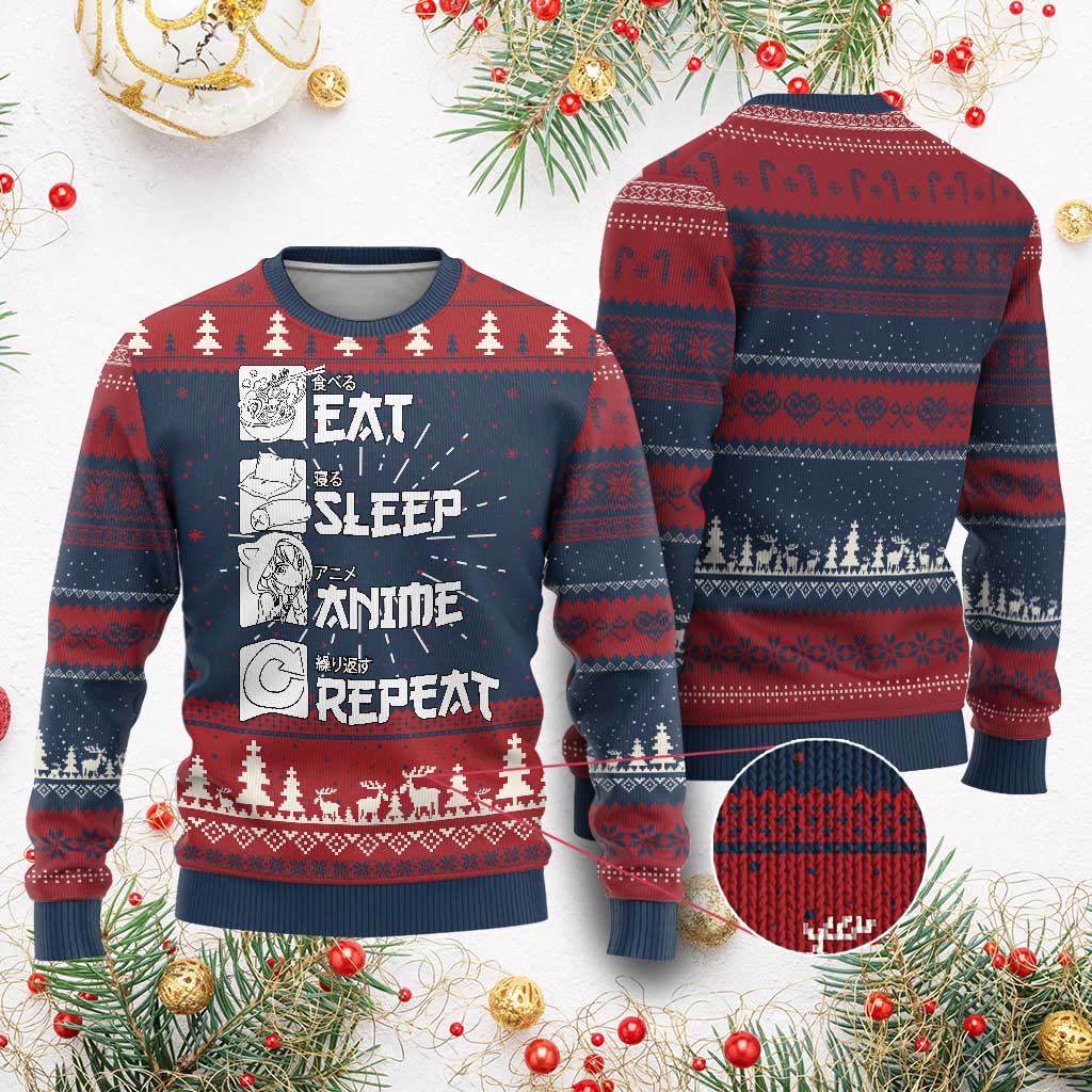 Eat Sleep Anime Repeat Ugly Christmas Sweater Japan Otaku Manga Lover TS02 Burgundy Print Your Wear