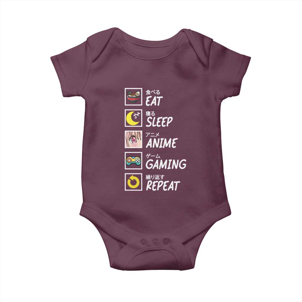 Eat Sleep Anime Gaming Repeat Baby Onesie Kawaii Otaku Gamer Manga Ramen Lover TS02 Maroon Print Your Wear