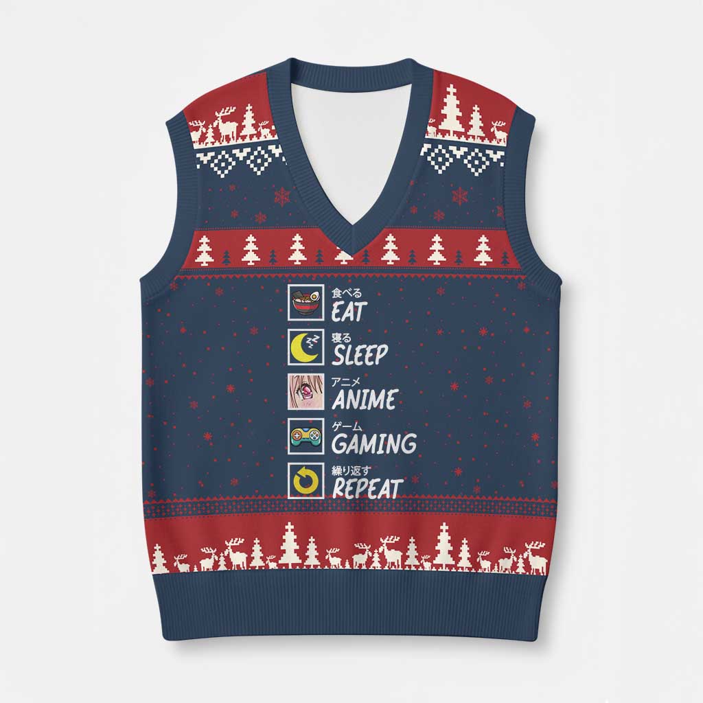 Eat Sleep Anime Gaming Repeat V-Neck Knit Sweater Vest Kawaii Otaku Gamer Manga Ramen Lover TS02 Navy Red Print Your Wear