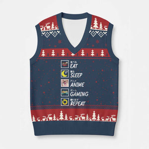 Eat Sleep Anime Gaming Repeat V-Neck Knit Sweater Vest Kawaii Otaku Gamer Manga Ramen Lover TS02 Navy Red Print Your Wear