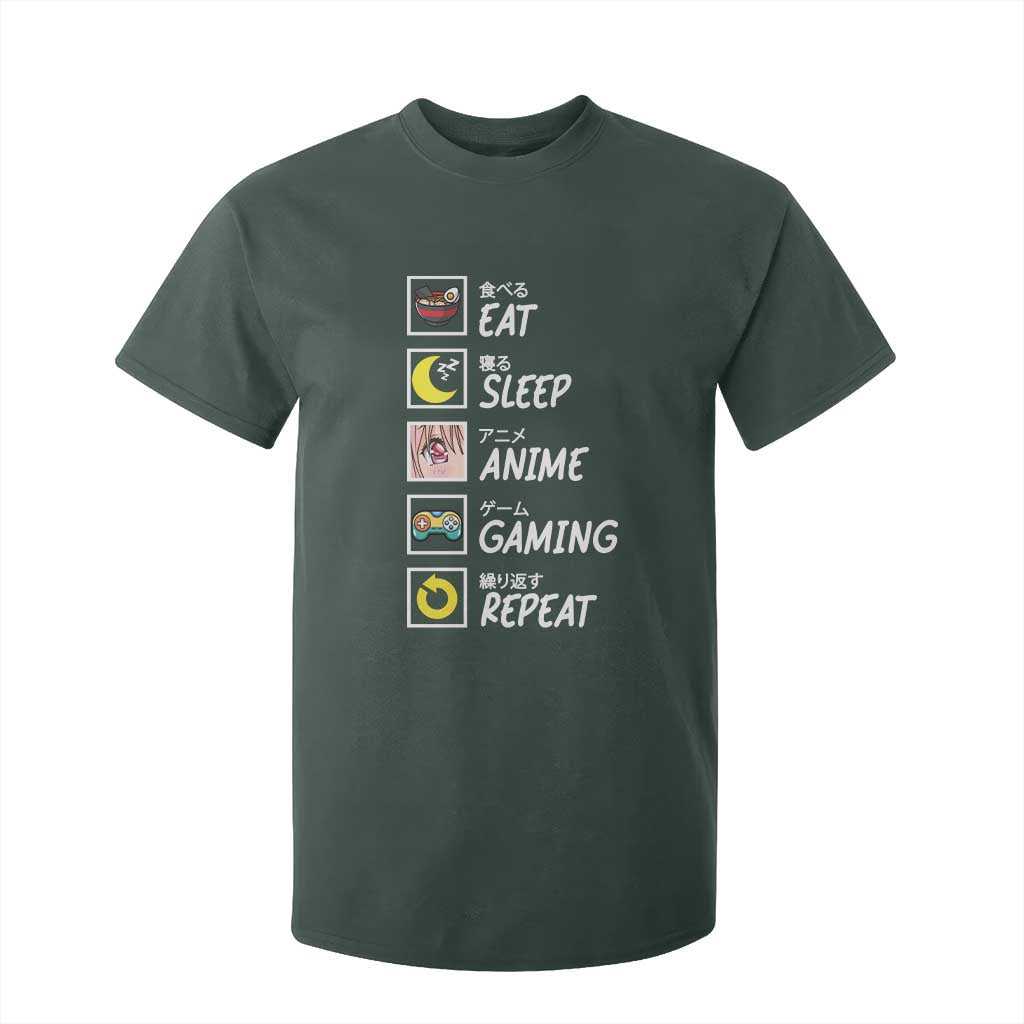 Eat Sleep Anime Gaming Repeat T Shirt For Kid Kawaii Otaku Gamer Manga Ramen Lover TS02 Dark Forest Green Print Your Wear